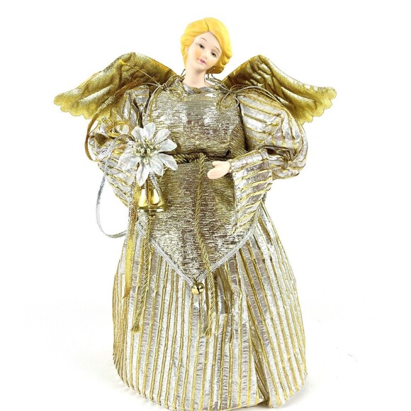 Golden Winged Angel Christmas Tree Topper with Bell & Flower Porcelain Face 12in - Picture 9 of 13